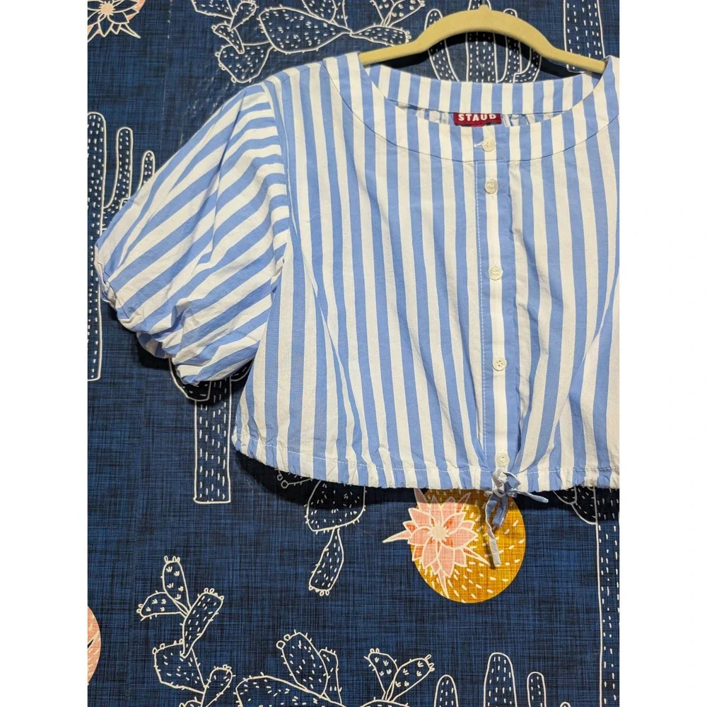 Staud Ellington Cotton Striped Puff Sleeve Cropped Top Blue Women's Size S